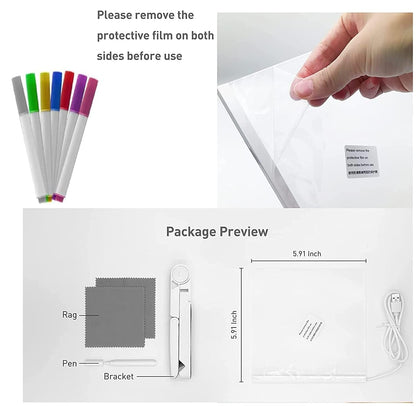 Acrylic LED Message Board 15×15 cm – Light-Up Neon Writing Note Board with Stand & Color Pens for Desk & Home Décor