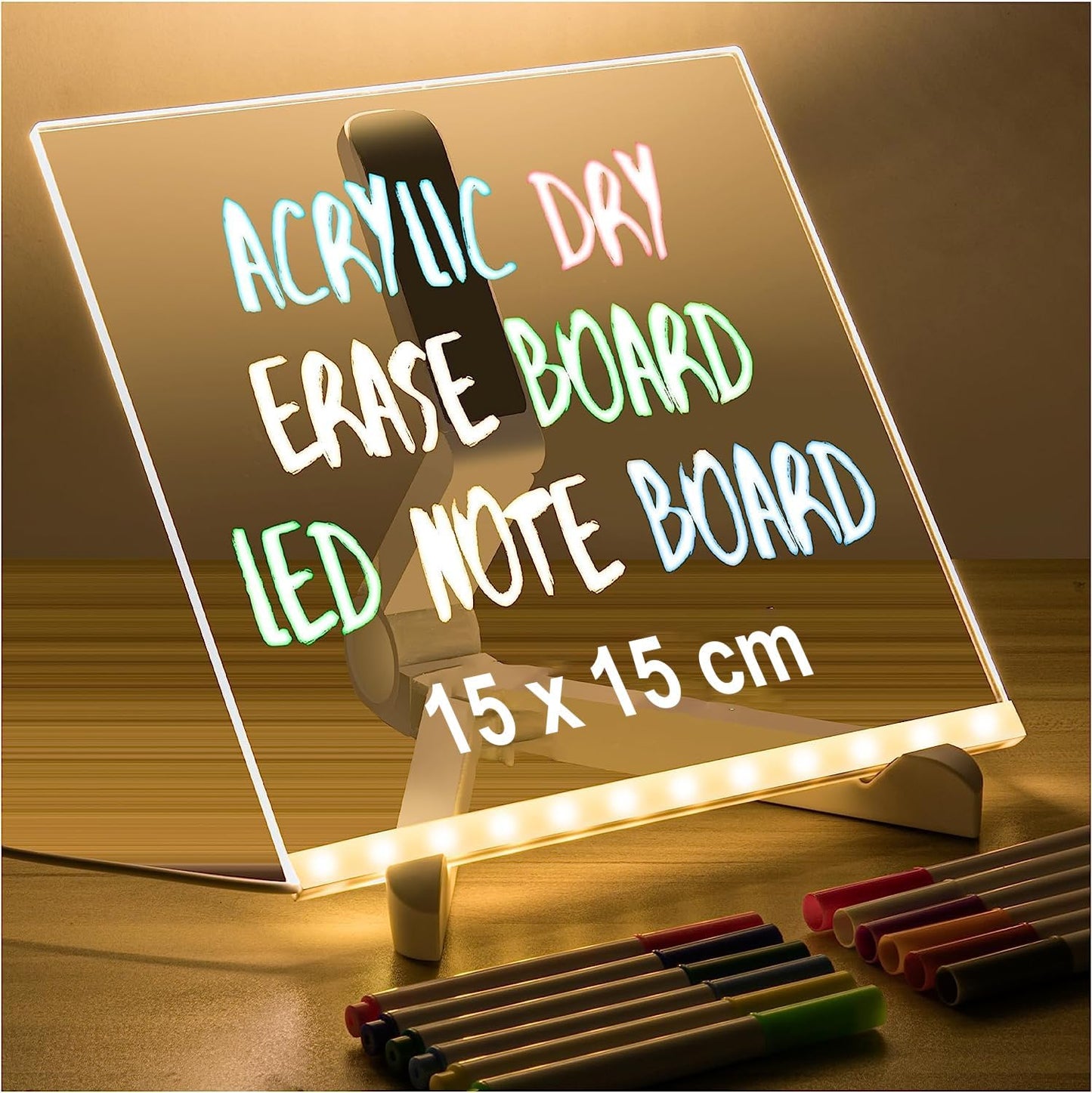 Acrylic LED Message Board 15×15 cm – Light-Up Neon Writing Note Board with Stand & Color Pens for Desk & Home Décor