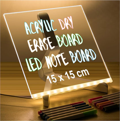Acrylic LED Message Board 15×15 cm – Light-Up Neon Writing Note Board with Stand & Color Pens for Desk & Home Décor