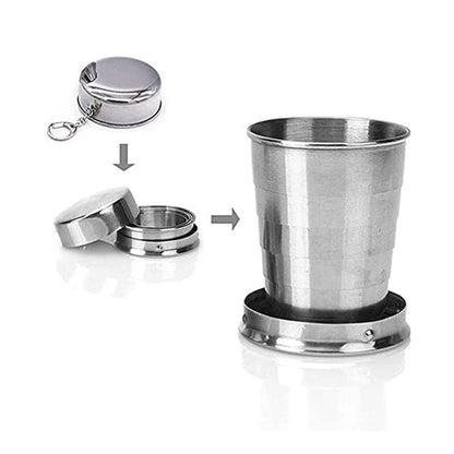 Zynexo Foldable Stainless Steel Glass – Pocket-Size Collapsible Travel Cup with Lid & Keychain