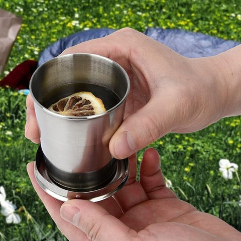 Zynexo Foldable Stainless Steel Glass – Pocket-Size Collapsible Travel Cup with Lid & Keychain